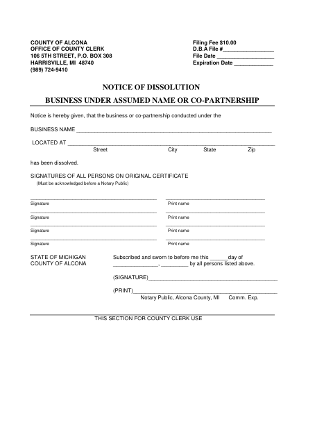 Notice of Dissolution for Assumed Name or Co-Partnership, Alcona County form, first page