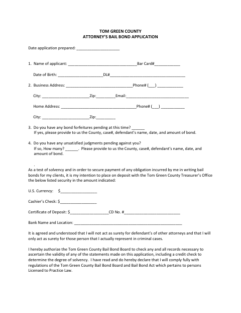 Attorney’s Bail Bond Application, Tom Green County form, first page