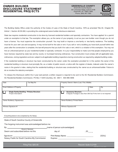 Owner Builder Disclosure Statement Residential Projects, Greenville County form, first page