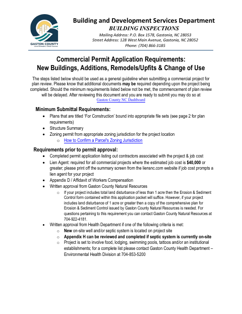 Commercial Permit Application Requirements, Gaston County form, first page