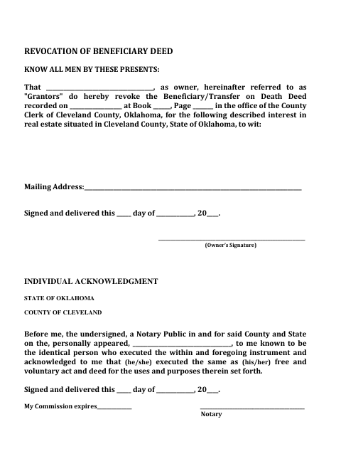 Revocation of Beneficiary Deed, Cleveland County form, first page