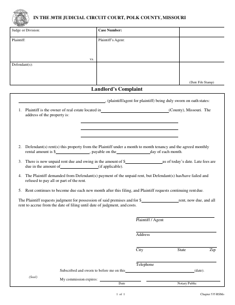 Landlord’s Complaint, Polk County form, first page