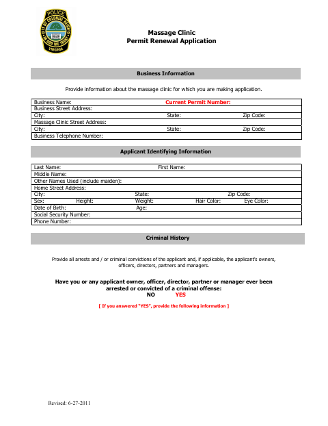 Massage Clinic Permit Renewal Application, City of Colonial Heights form, first page