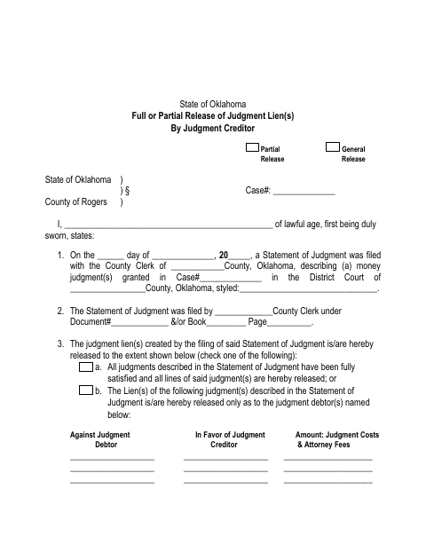Full or Partial Release of Judgment Liens, Rogers County form, first page