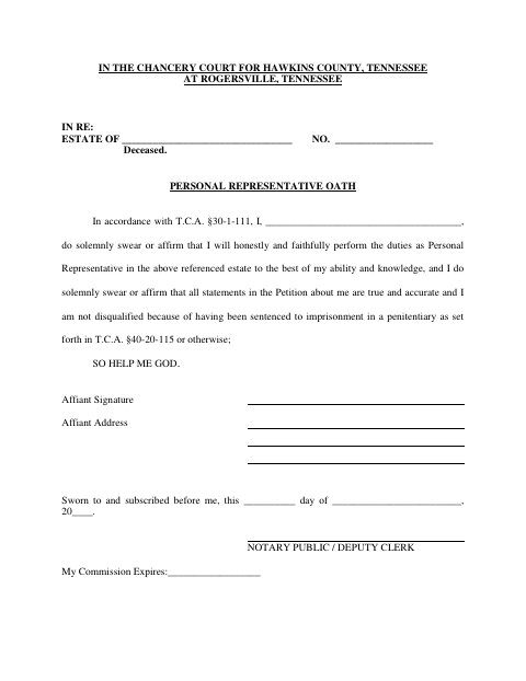 Personal Representative Oath, Hawkins County form, first page
