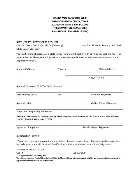 Birth and Death Certificate Request, Throckmorton County form, first page