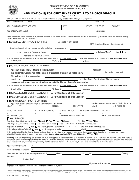 Application for Certificate of Title to a Motor Vehicle, Putnam County form, first page