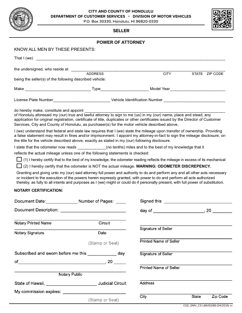 Seller Power of Attorney CSD DMV MVR 38B first page