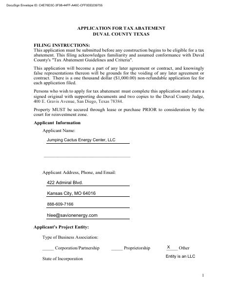 First page of the Application for Tax Abatement