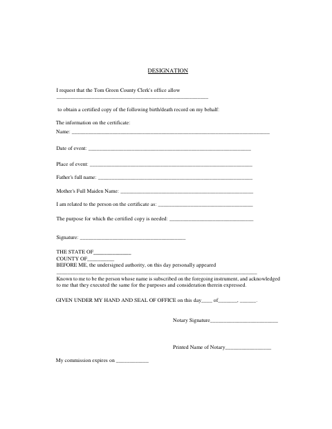 Designation, Tom Green County form, first page