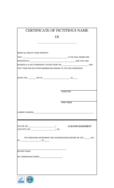 Certificate of Fictitious Name, Grady County form, first page