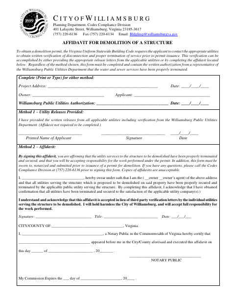 Affidavit for Demolition of a Structure, City of Williamsburg form, first page