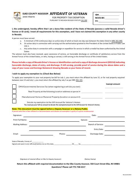 Affidavit of Veteran, Elko County form, first page
