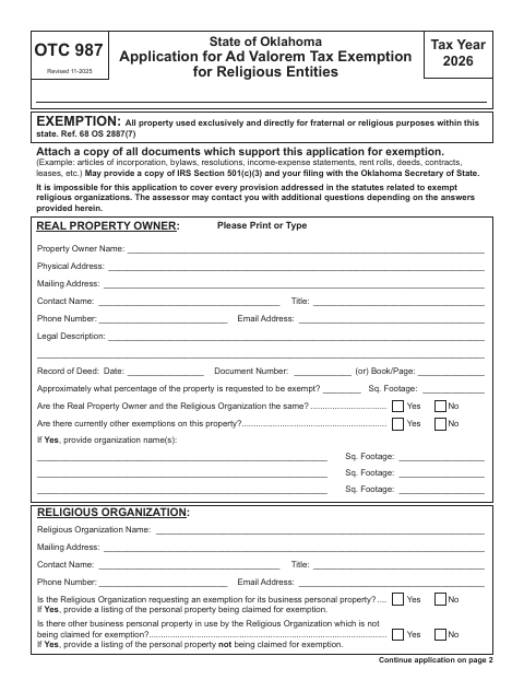 Application for Ad Valorem Tax Exemption for Religious Entities, Cleveland County form, first page