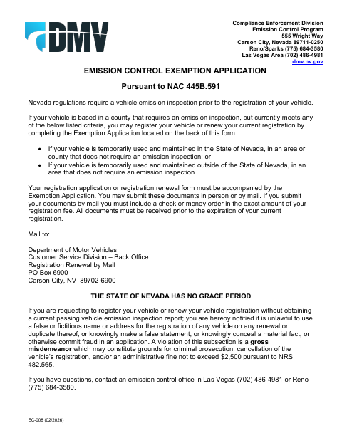 EC-008 Emission Control Exemption Application first page