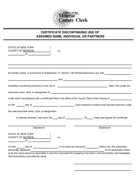 Certificate Discontinuing Use of Assumed Name, Individual or Partners, Monroe County form, first page