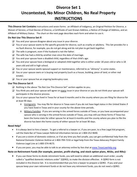 Divorce Set 1 Uncontested, No Minor Children, No Real Property, Walker County form, first page