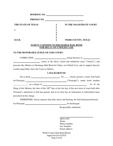 Surety’s Motion to Discharge Bail Bond for Delay on Unfiled Case, Webb County form, first page