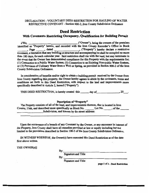 Voluntary Deed Restriction for Hauling of Water, Iron County form, first page