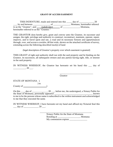Grant of Access Easement, Stillwater County form, first page