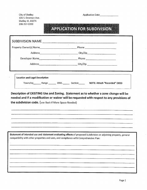 First page of the Subdivision Application