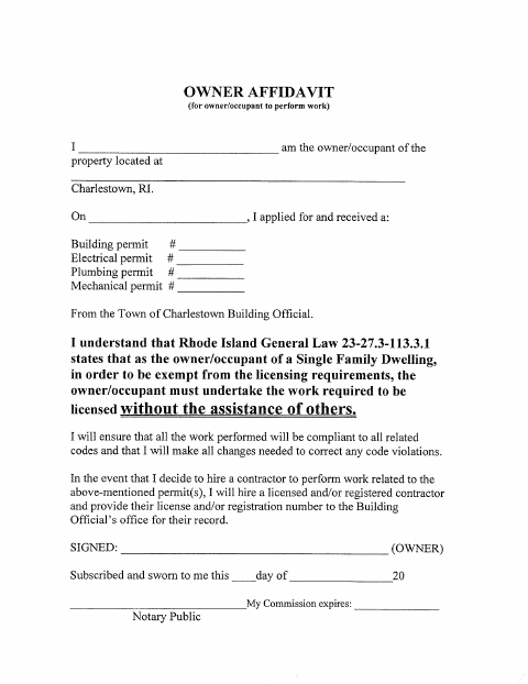 First page of the Owner Affidavit