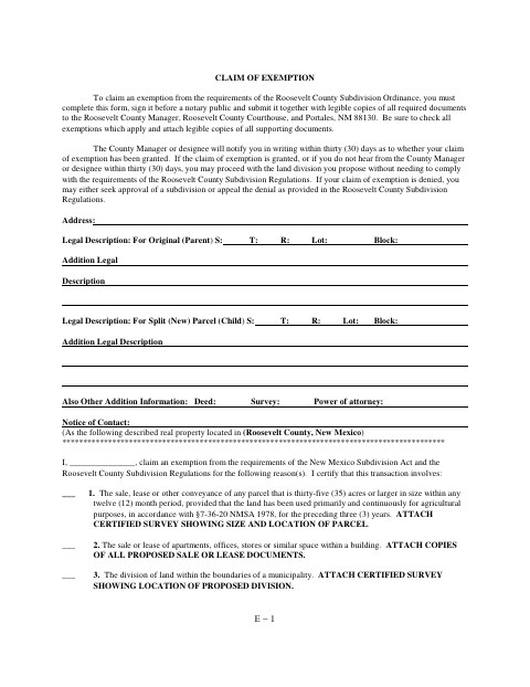 Claim Of Exemption, Roosevelt County form, first page