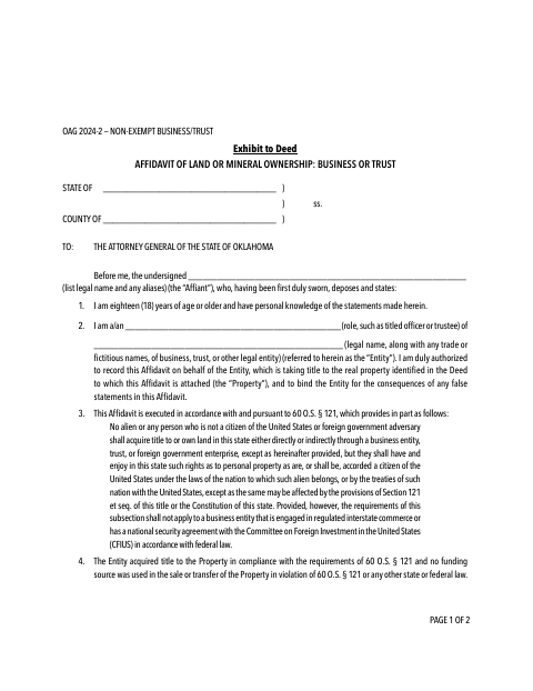 Affidavit of Land or Mineral Ownership Business or Trust, Cleveland County form, first page