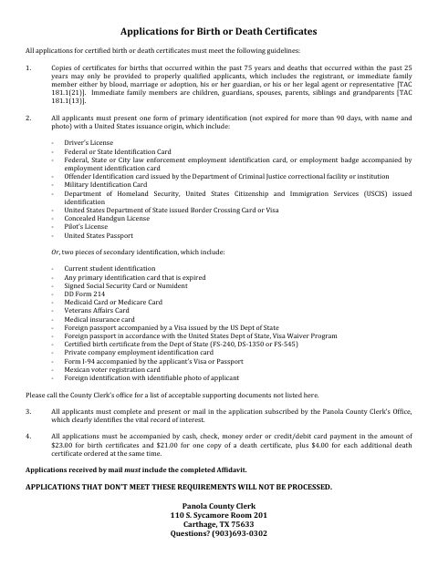 Application for Birth or Death Certificates, Panola County form, first page