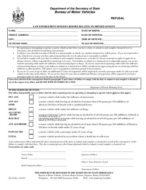 DI-140 Refusal Law Enforcement Officer’s Report Relating to Implied Consent first page