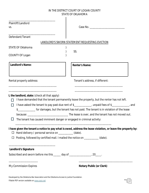 Landlord's Sworn Statement Requesting Eviction, Logan County form, first page