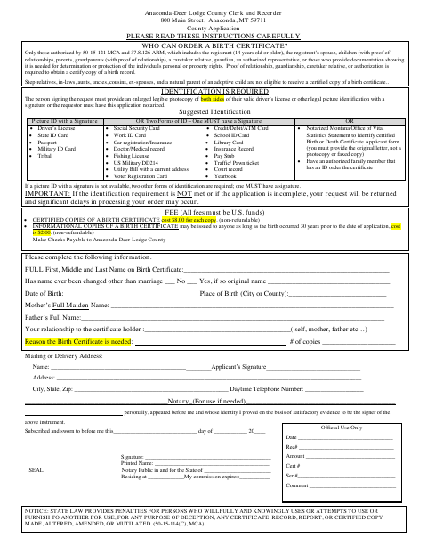 Birth Certificate Request, Deer Lodge County form, first page