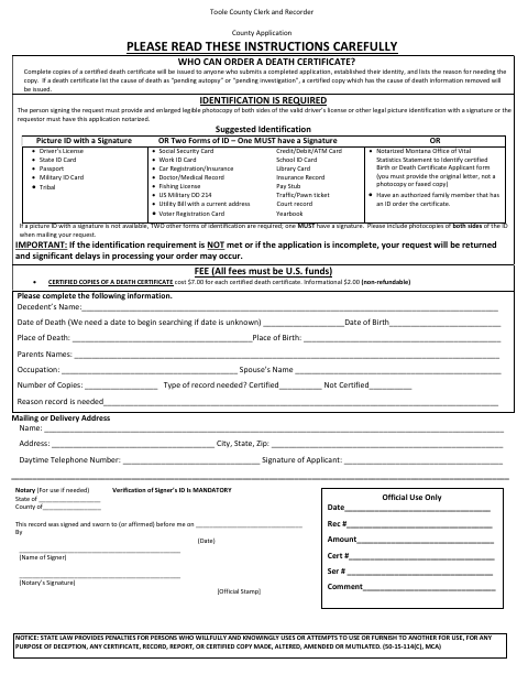 Death Certificate Application, Toole County form, first page