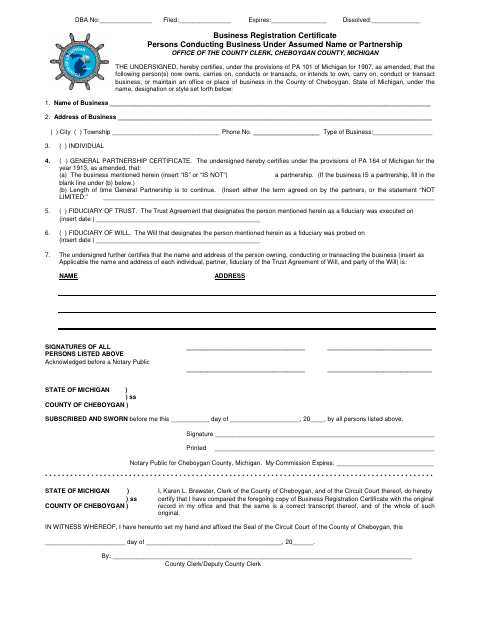 Business Registration Certificate, Cheboygan County form, first page