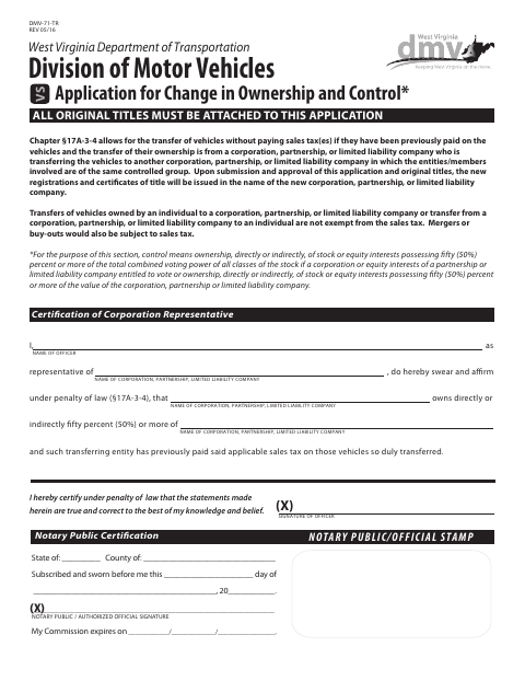 DMV-71-TR Application for Change in Ownership and Control first page