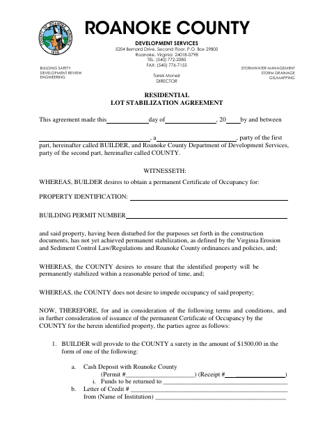 Residential Lot Stabilization Agreement, Roanoke County form, first page