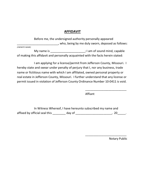 Affidavit, Jefferson County form, first page