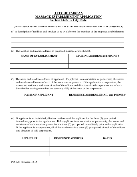 Massage Establishment Application, City of Fairfax form, first page