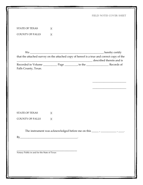 Field Notes Cover Sheet, Falls County form, first page