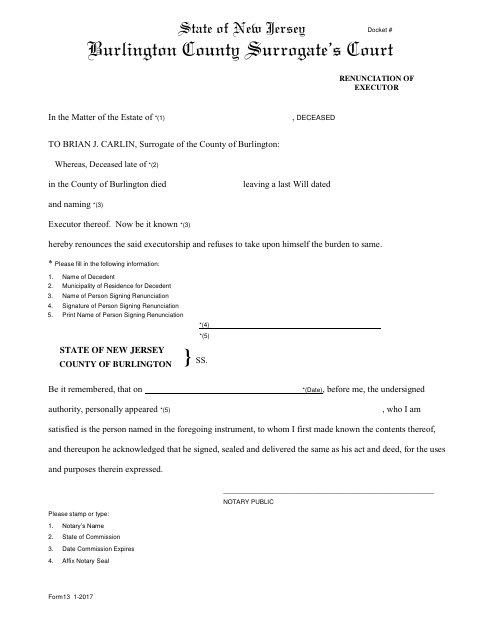 Renunciation of Executor, Burlington County form, first page