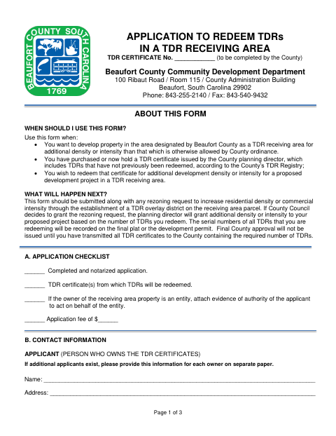 Application to Redeem TDRs in a TDR Receiving Area, Beaufort County form, first page
