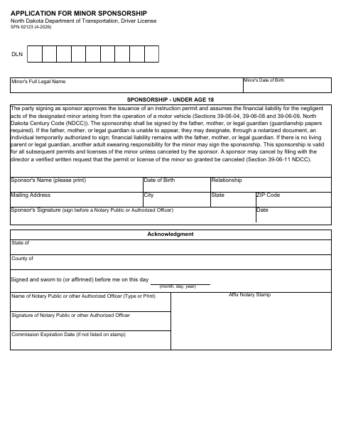 SFN 62123 Application for Minor Sponsorship first page