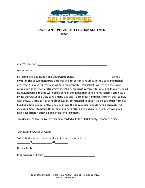 First page of the Homeowner Permit Certification Statement HVAC
