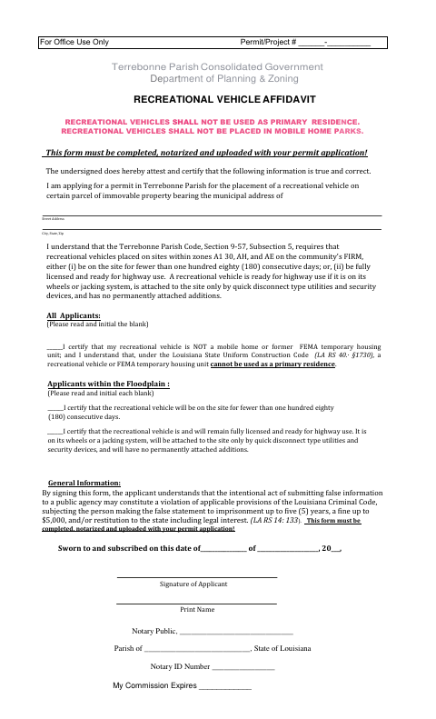 Recreational Vehicle Affidavit, Terrebonne Parish form, first page