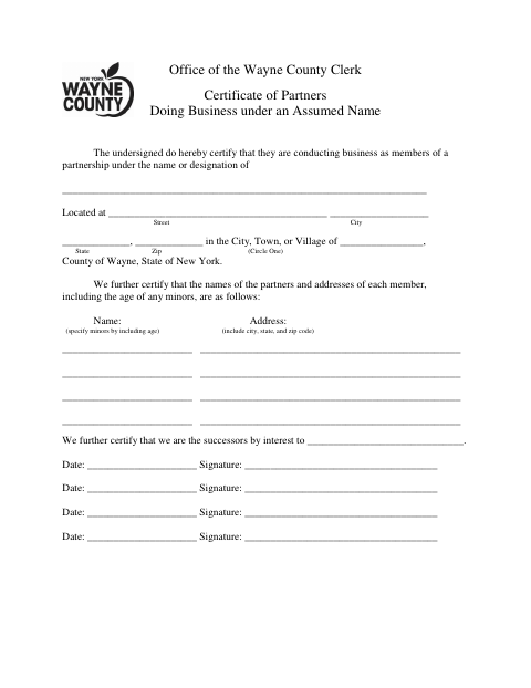 Certificate of Partners Doing Business Under an Assumed Name, Wayne County form, first page