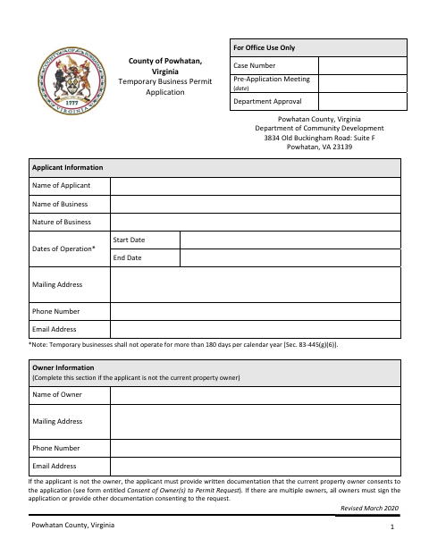 Temporary Business Permit Application, Powhatan County form, first page
