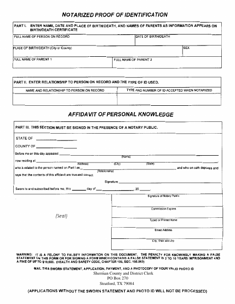 Notarized Proof of Identification, Sherman County form, first page