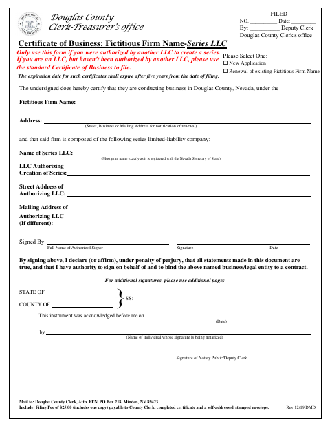 Certificate of Business: Fictitious Firm Name: Series LLC, Douglas County form, first page