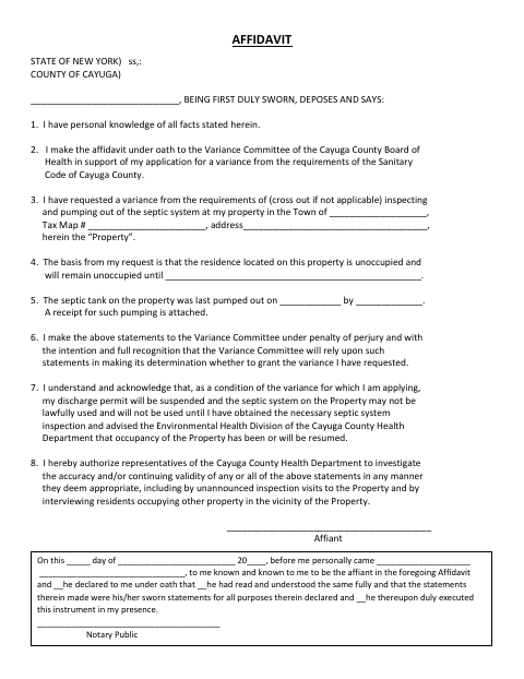 Affidavit for a Variance Application, Cayuga County form, first page
