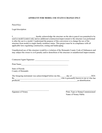AFFIDAVIT FOR MODEL USE STATUS CHANGE ONLY — Hernando County form, first page